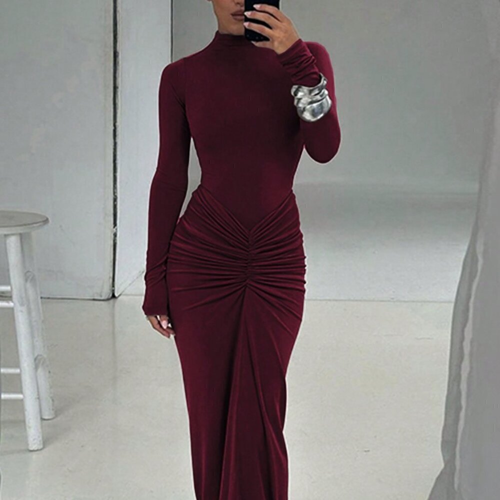 Burgundy Elegant Women's Fitted Crew Neck Long Sleeve Ruffle Hem Dress